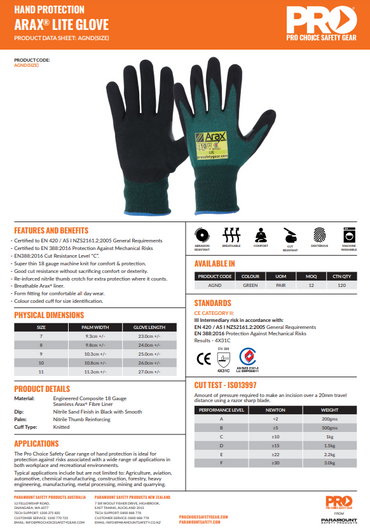 Pro Choice Arax Green Nitrile Sand Dip Palm - 1, 6 or 12 Pairs in 5 Size Options