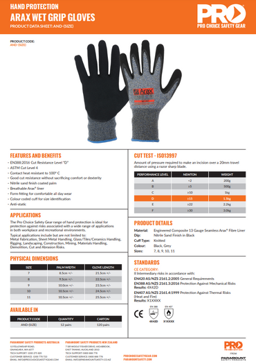 Pro Choice Arax Nitrile Sand Dip On 13G Liner - 1, 6 or 12 Pairs in 5 Size Options