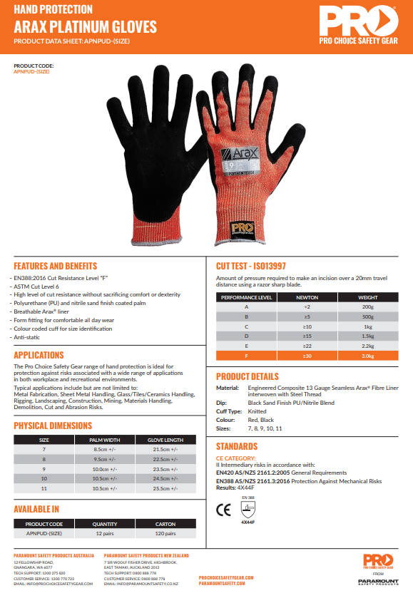 Pro Choice Arax Platinum Pu/Nitrile Foam Dip On Red 13G Liner - 1, 6 or 12 Pairs in 4 Size Options
