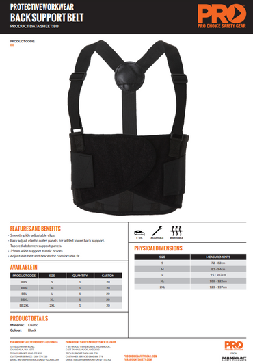 Pro Choice Back Support Belt - Various Sizes