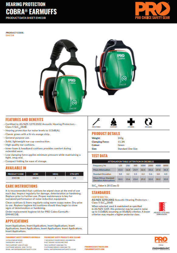 Pro Choice Cobra Earmuffs Class 5 -28db - and optional Hygiene Kit