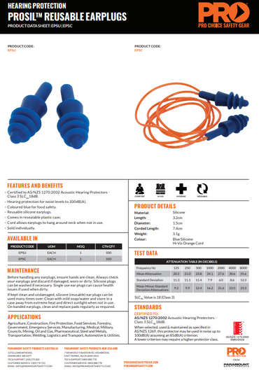 Pro Choice Prosil Reusable Corded Earplugs - Box of 50