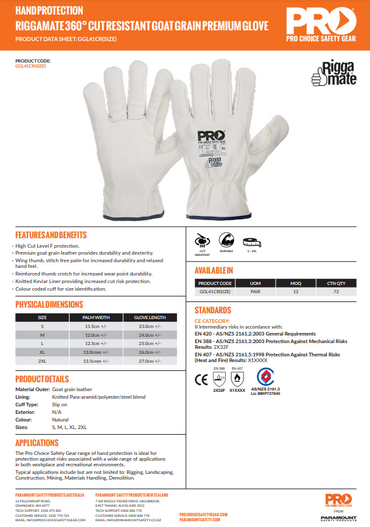 Pro Choice Riggamate Cut Resistant Goat Grain Premium Gloves - 1, 6 or 12 Pairs in 6 Size Options