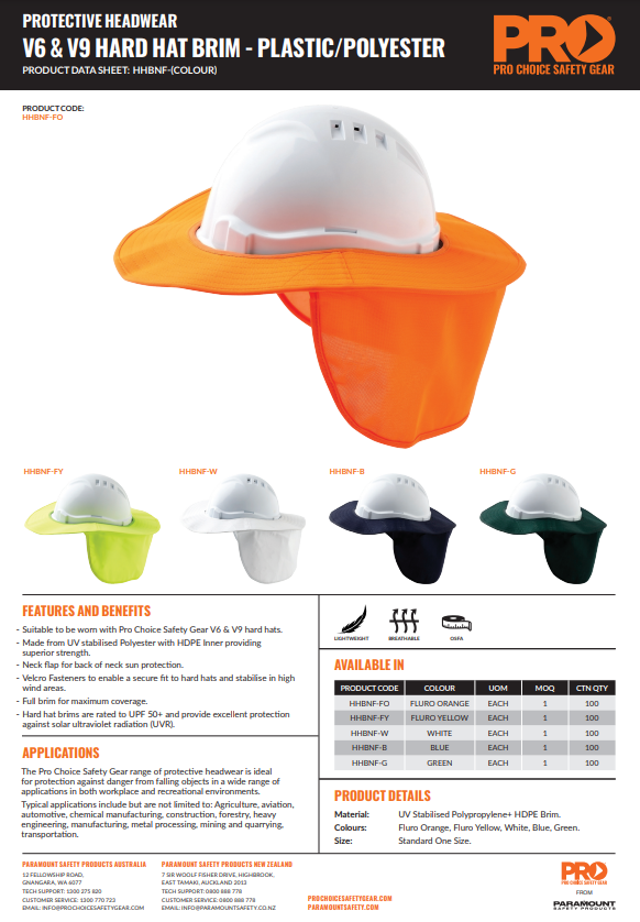 Pro Choice V6 & V9 Plastic/Polyester Hard Hat Brim - in 5 Colour Options