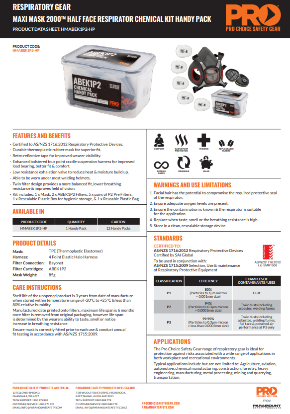 Pro Choice Maxi Mask 2000 Half Face Respirator Handy Pack - Chemical, Particulate or Spraying Protection