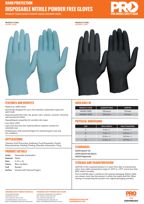 Pro Choice Disposable Nitrile Powder Free Gloves - 10 Boxes of 100 pieces in 2 Colours and 4 Size Options