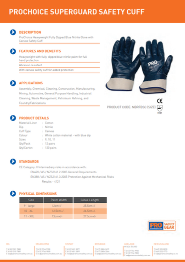 Pro Choice Super-Guard Blue Fully Dipped / Safety Cuff Gloves - 12 Pairs in 3 Size Options