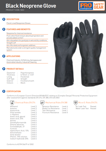 Pro Choice Prochem Black 30cm Neoprene Gloves - 12 Pairs in 3 Size Options