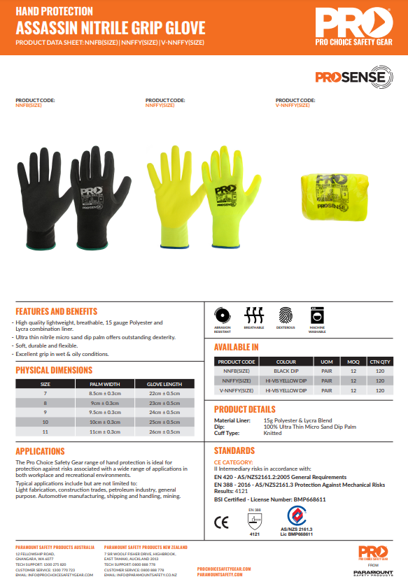 Pro Choice Assassin Nitrile Grip Glove - 12 Pairs in 2 Colours and 5 Size Options