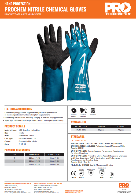 Pro Choice Prochem 35cm Green/Black Nitrile PU Gloves - 12 Pairs in 3 Size Options