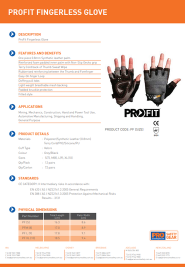 Pro Choice Profit Fingerless Glove - 1, 6 or 12 Pairs in 5 Size Options