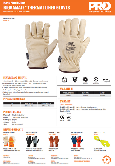 Pro Choice Riggamate Lined Glove - Pig Grain Leather Gloves One Size Large 6 or 12 Pairs