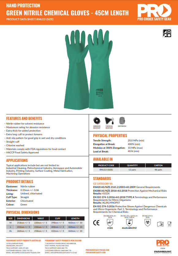 Pro Choice 45cm Green Nitrile Gauntlet Gloves - 12 Pairs in 3 Size Options