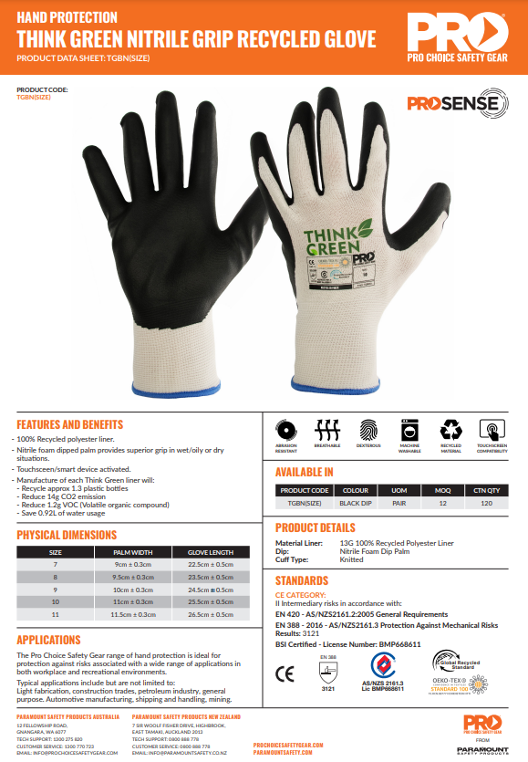 Pro Choice THINK GREEN Recycled Gloves - 1, 6 or 12 Pairs in 2 Colours and 5 Size Options