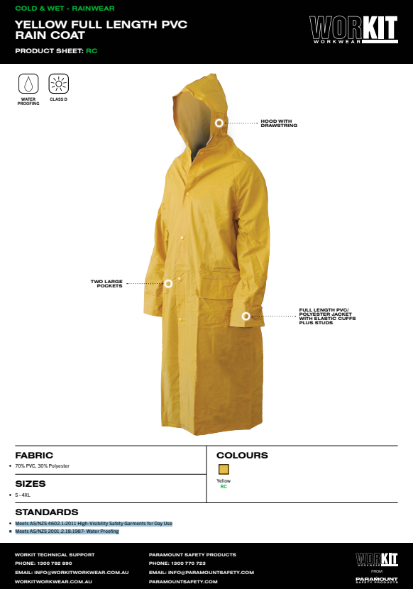 Pro Choice Yellow Full Length PVC Rain Coat - Various Sizes