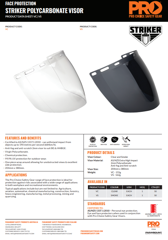 Pro Choice Visors to Suit Browguards BG & HHBGE with Clear, Smoke or Shade 5 Lenses