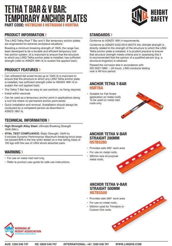 Linq Height Safety Temporary Anchors - Tetha T Bar and Straight Bar and Temporary Anchor Line