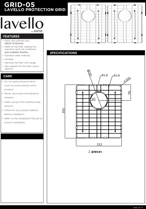 Meir Lavello 2 Piece Protection Grid for Kitchen Sink MKSP-D760440 - 3 Colour Finishes