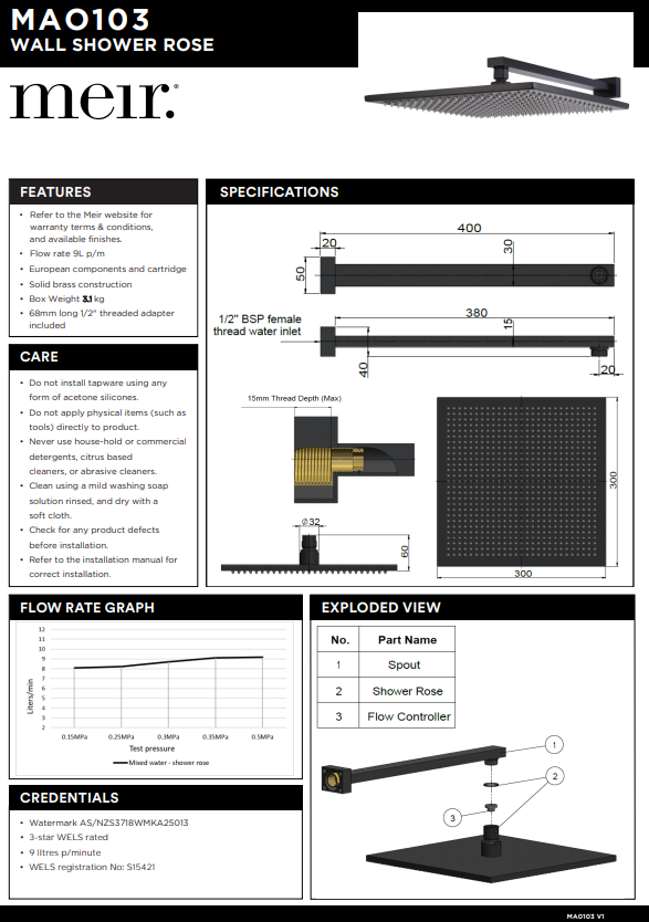 Meir Matte Black Square Wall Shower 300mm Rose + 400mm Arm