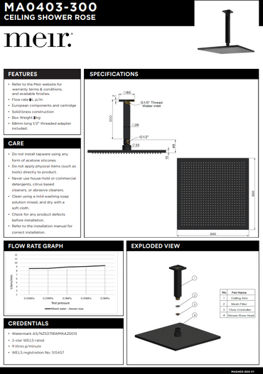 Meir Matte Black Square Ceiling Shower 300mm Rose + 200mm dropper