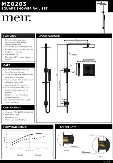 Meir Matte Black Square Combination Shower Rail 300mm rose