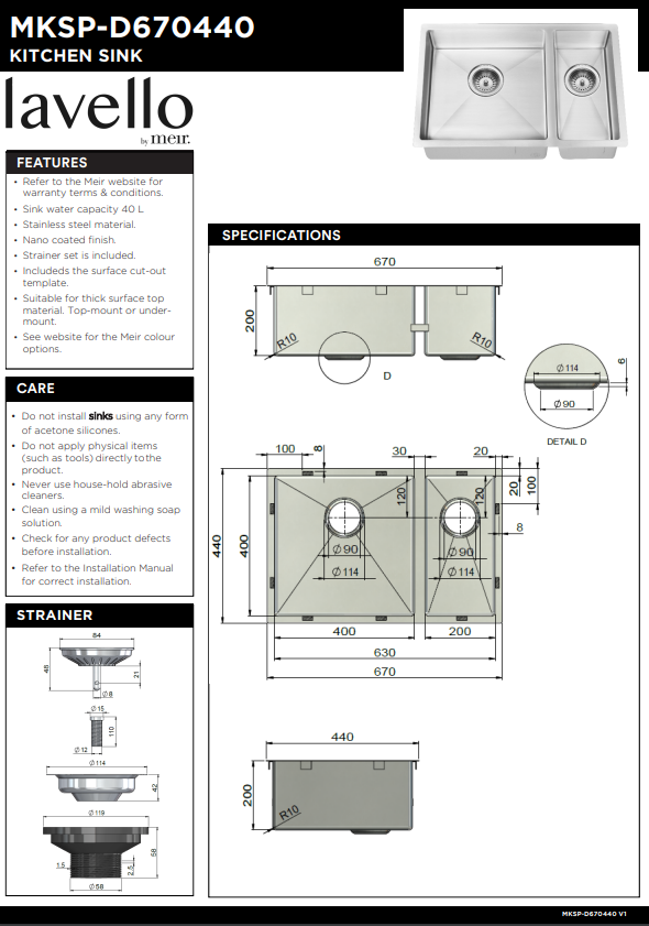 Meir Lavello Kitchen Sink 1.5 Bowl 670 x 440mm - 3 Colour Finishes