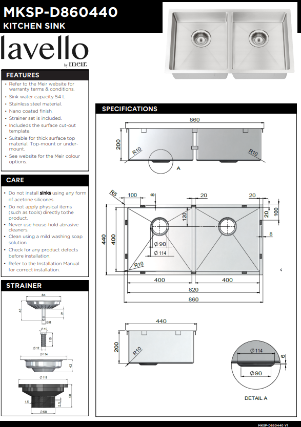 Meir Lavello Double Bowl Kitchen Sink - 860 x 440mm - 3 Colours Finishes