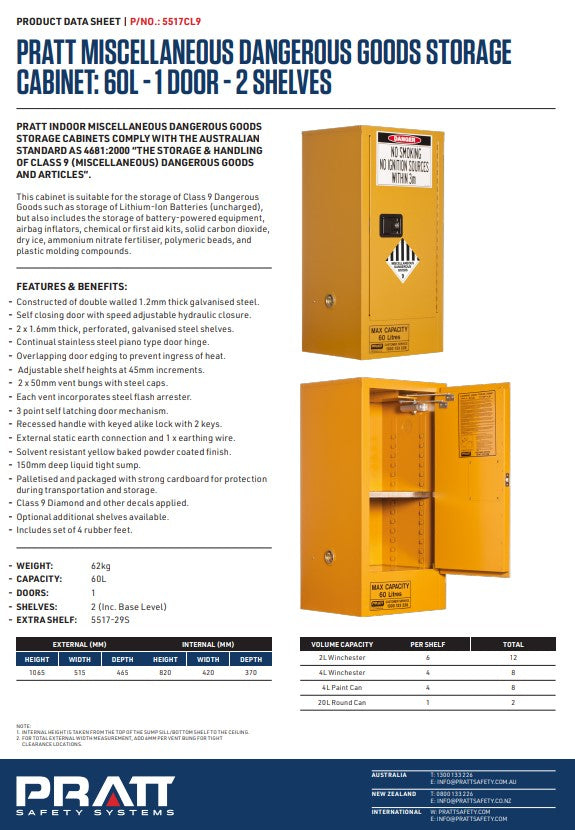 Pratt Class 9 Miscellaneous Dangerous Goods Storage Cabinet - Various Sizes MADE TO ORDER