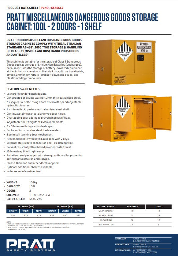 Pratt Class 9 Miscellaneous Dangerous Goods Storage Cabinet - Various Sizes MADE TO ORDER