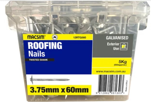 Roofing Nails Galvanised Twisted Shank 3.75mm x 60mm - Various Box Quantities
