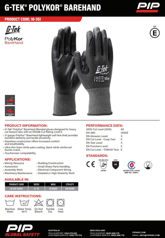 G-Tek Polykor Barehand Blended Cut E Gloves - 1, 6 or 12 Pairs in 7 Size Options