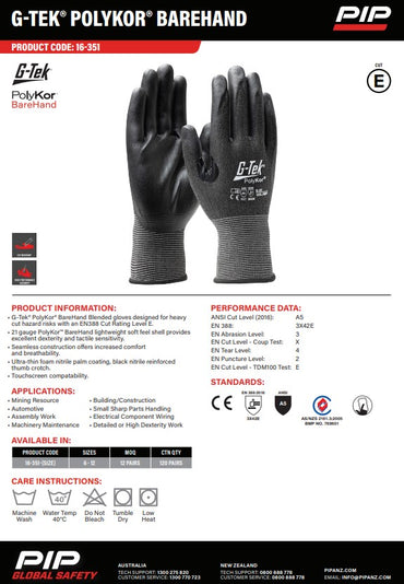 G-Tek Polykor Barehand Blended Cut E Gloves - 1, 6 or 12 Pairs in 7 Size Options