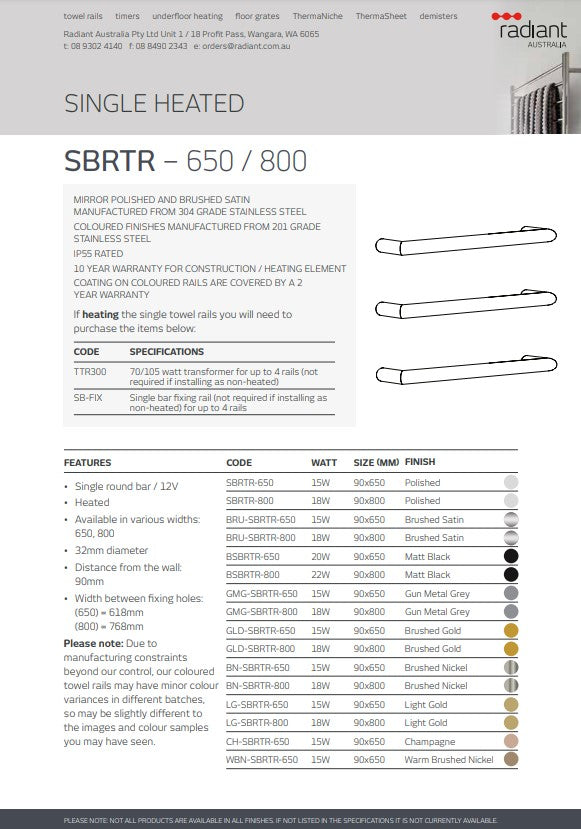 Radiant Single ROUND Bar Heated Towel Rail Kits (SBRTR) - Various Widths, Colour Finishes and Number of Bars Available