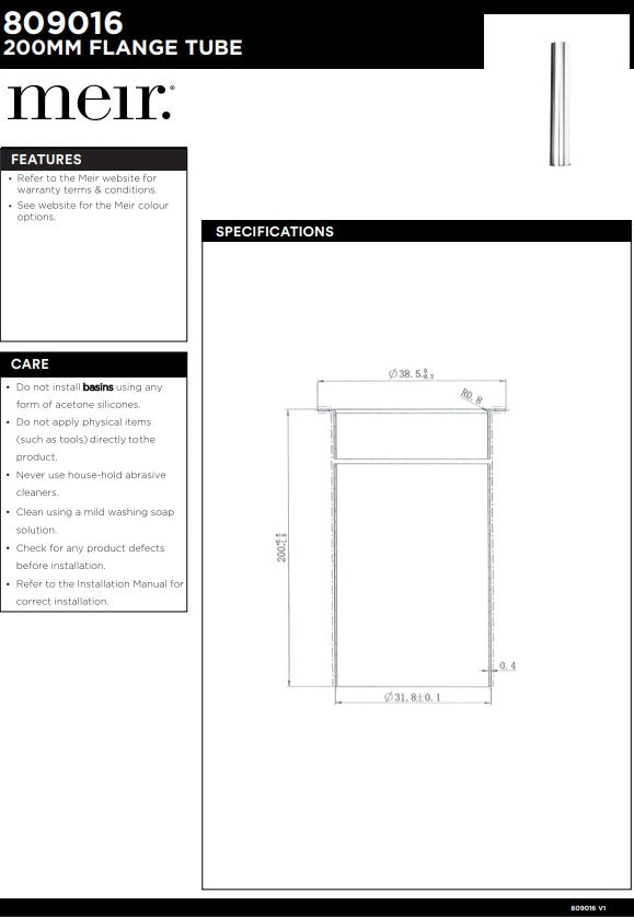 Meir 200mm Flange Tube (for use with MP05-R) - Various Colour Finishes