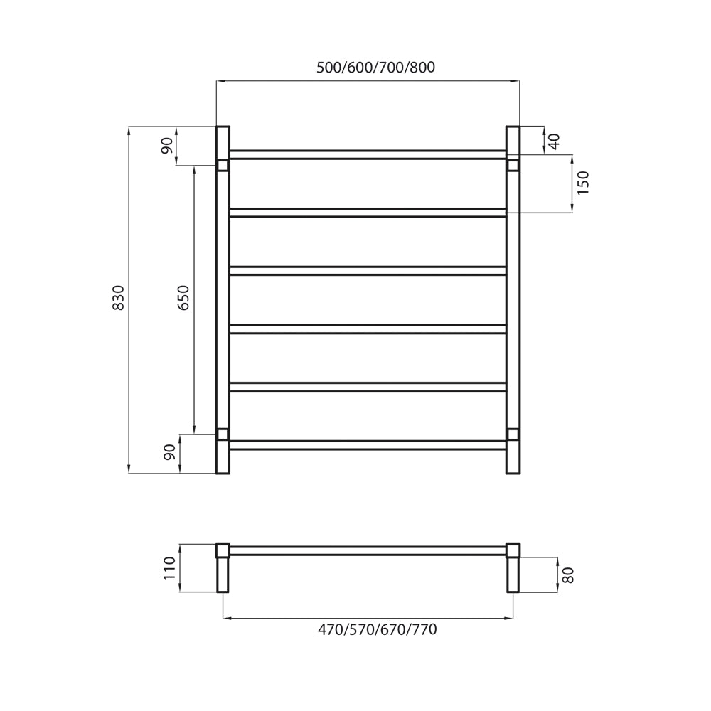 Radiant NON-Heated SQUARE Bar Towel Rails (SLTR01) 830mm Tall - Multiple Widths in Mirror Polished or Matt Black Finishes