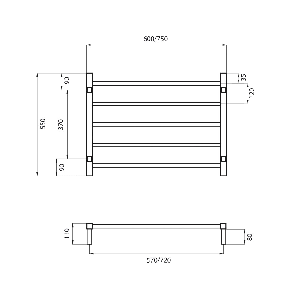 Radiant NON-Heated SQUARE Bar Towel Rails (SLTR03) 550mm Tall - Multiple Widths in Mirror Polished Finish