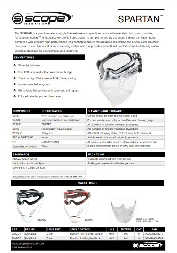 Scope Spartan Visors and Safety Goggles - Choose the Frame Style to Suit
