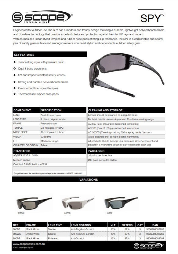 Scope Spy Jet Black Safety Glasses - 2 Lens Colour Options