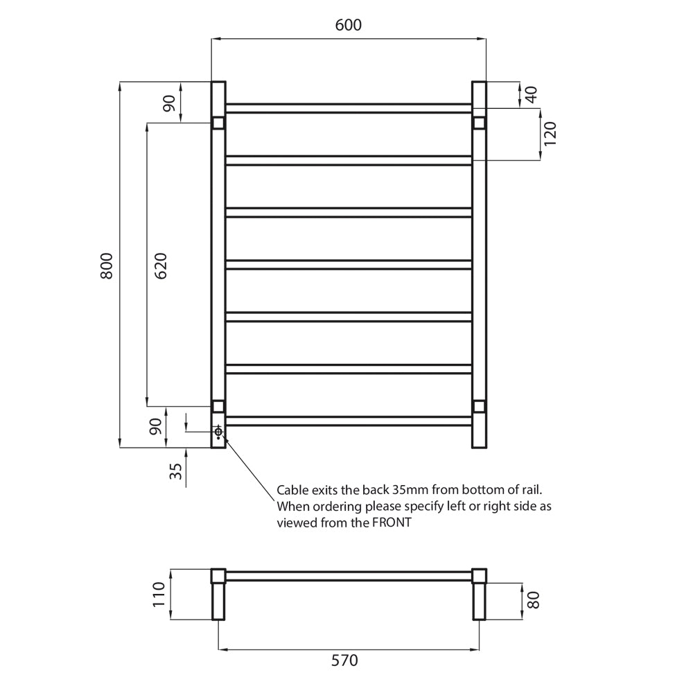 Radiant Heated Towel Rail (STR01) 600mm x 800mm - 7 Square Bars - Multiple Colour Finishes