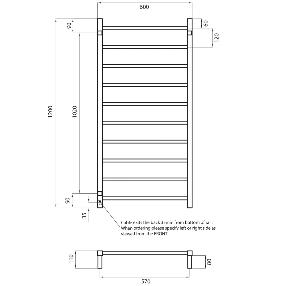 Radiant Heated Towel Rail (STR02) 600mm x 1200mm - 10 Bars (SQUARE) - Mirror Polished
