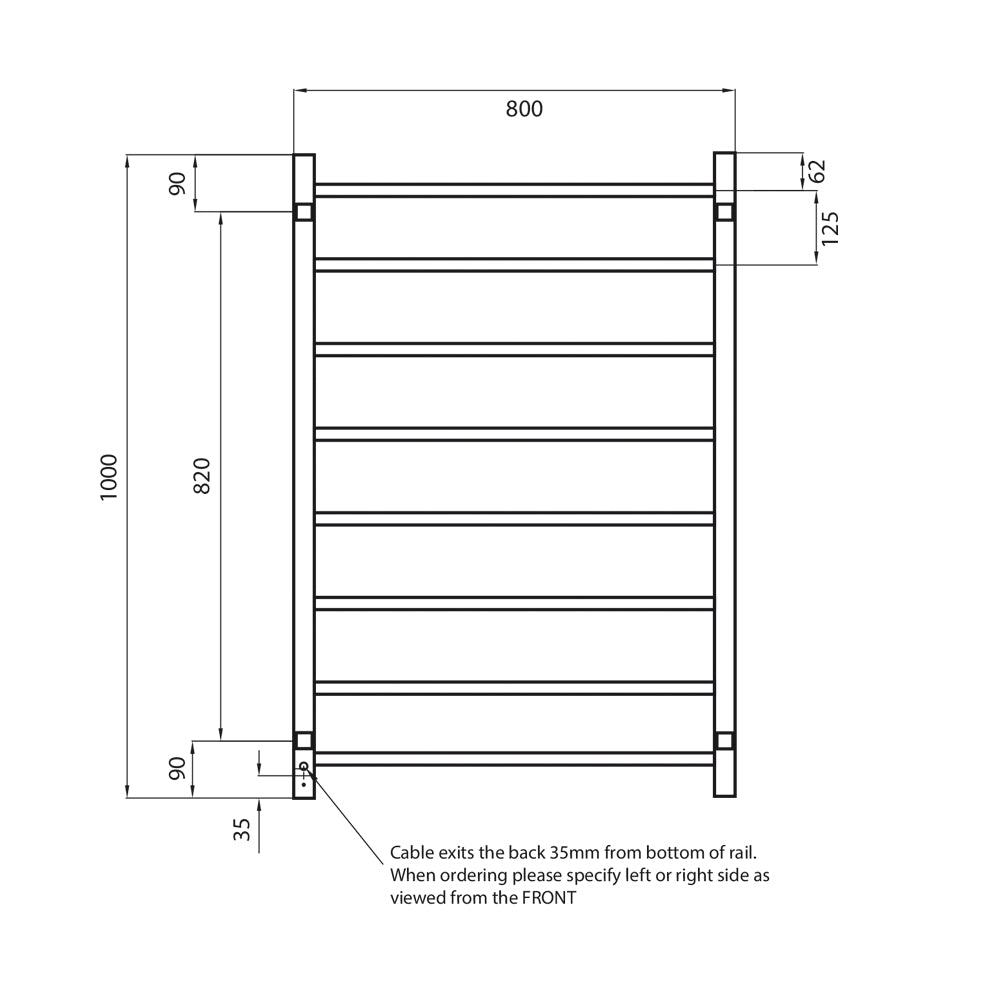 Radiant Heated Towel Rail (STR05) 800mm x 1000mm - 8 Bars (SQUARE) - Multiple Colour Finishes