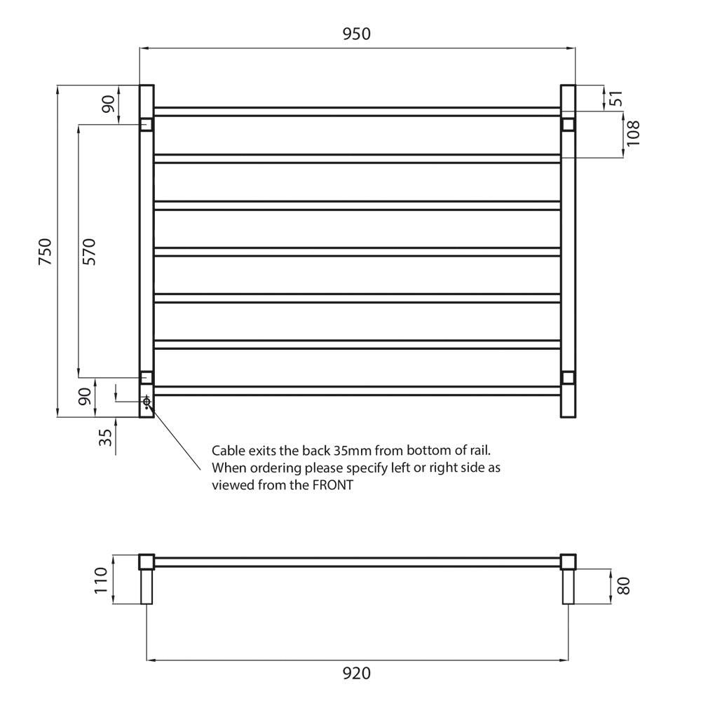 Radiant Heated Towel Rail (STR06) 950 x 750mm - 7 Bars (SQUARE) - Mirror Polished