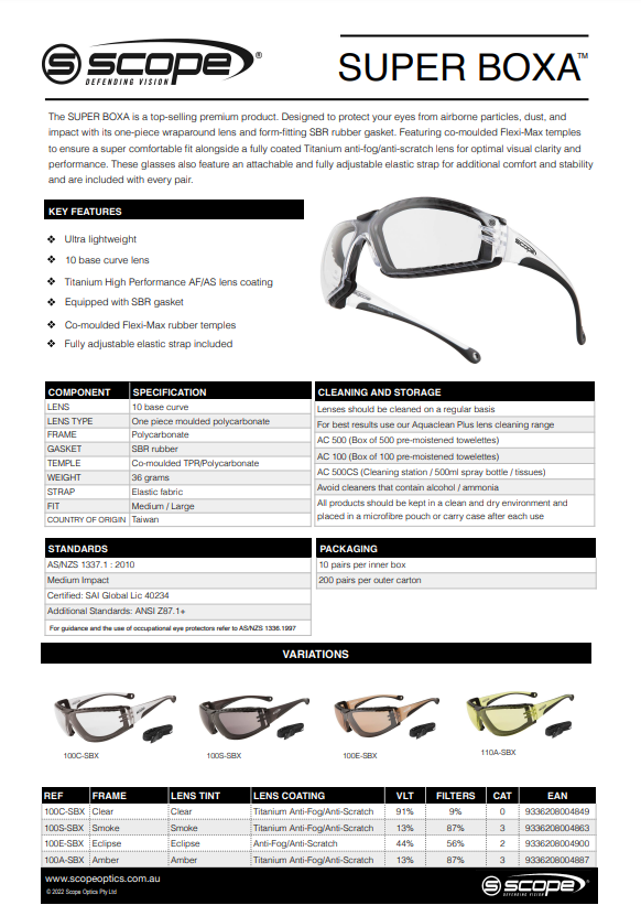 Scope Super Boxa Titanium AF/AS Safety Glasses 1 pair - 4 Lens Colour Options