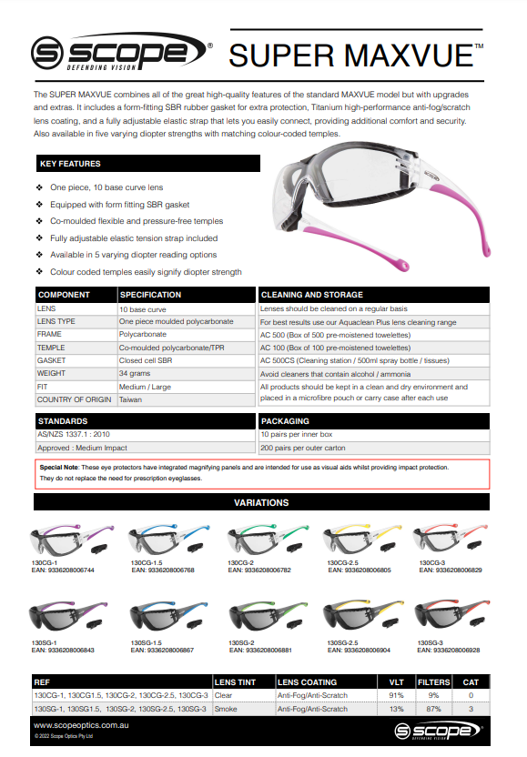Scope Super Maxvue Titanium AF/AS Safety Glasses - 2 Lens Colour Options in Various Diopter
