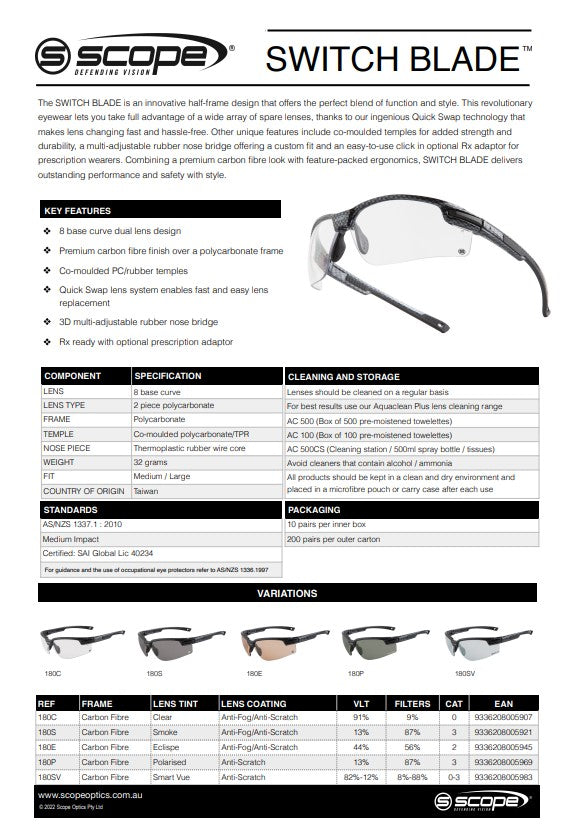 Scope Switch Blade Safety Glasses - 4 Lens Colour Options