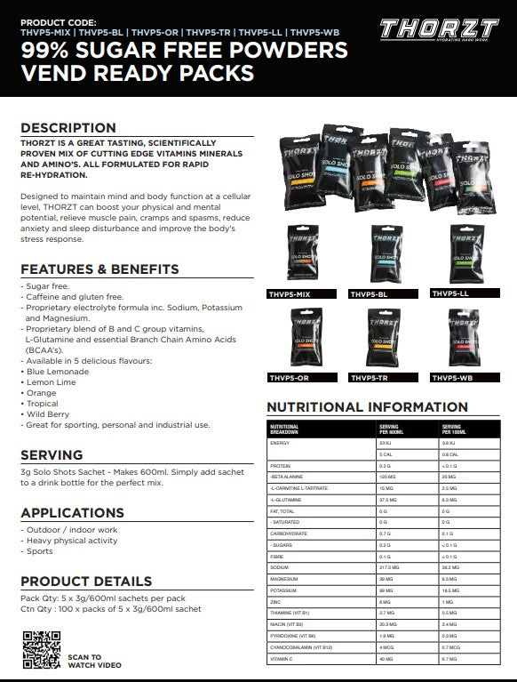 Thorzt 99% Sugar Free Electrolyte 5 x Solo Shot Hydration Sachet