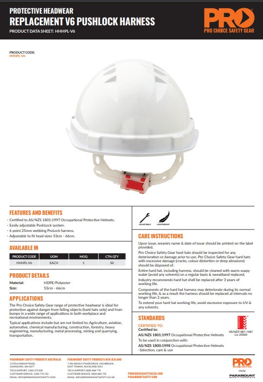 ProChoice Hard Hat Push Lock Harness for V6 and V9 Hard Hats