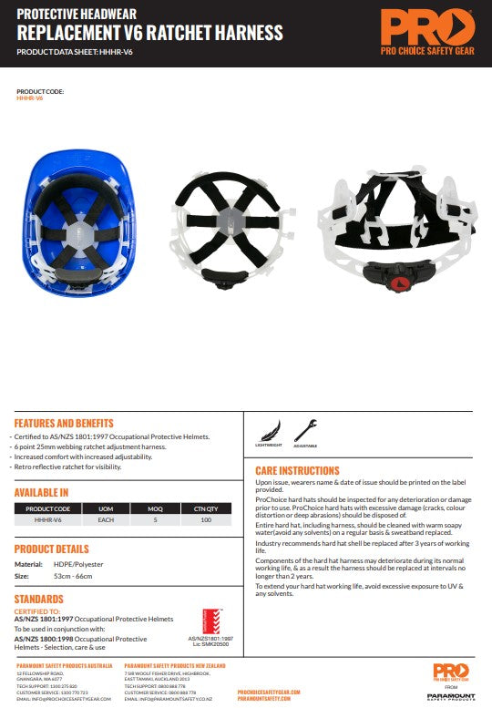 Pro Choice Hard Hat Ratchet Harness for V6 and V9 Hard Hats