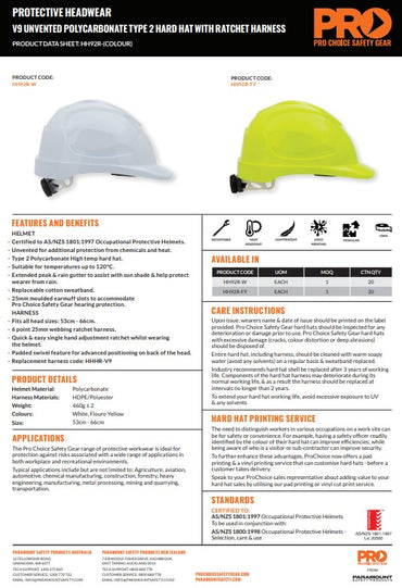 Pro Choice V9 Unvented Polycarbonate Type 2 Hard Hat with Ratchet Harness - Fluro Yellow