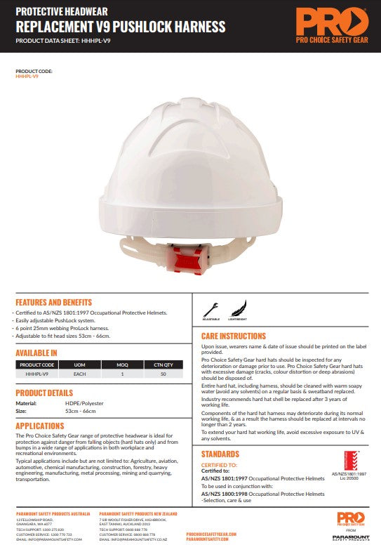 ProChoice Hard Hat Push Lock Harness for V6 and V9 Hard Hats